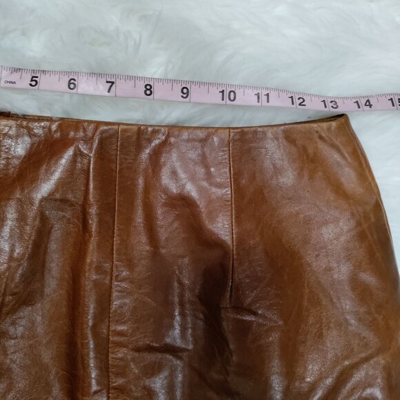 Hugo Buscati100% Leather Antique 70s Style Brown A-Line Wrap Mini Skirt Size 6 - Picture 13 of 16